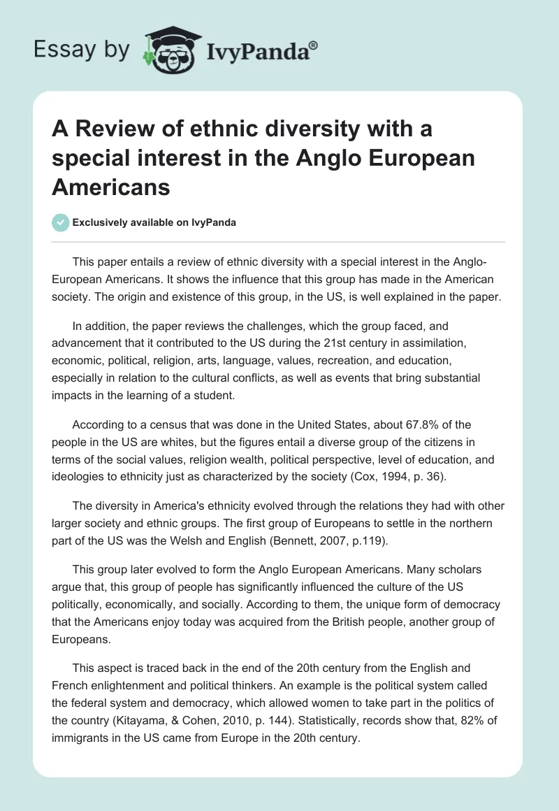 A Review of ethnic diversity with a special interest in the Anglo European Americans. Page 1