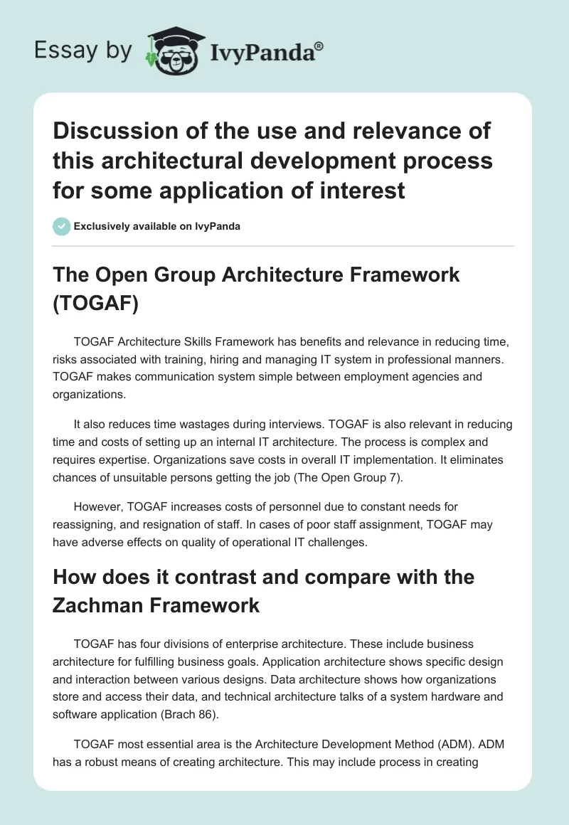 Discussion of the use and relevance of this architectural development process for some application of interest. Page 1