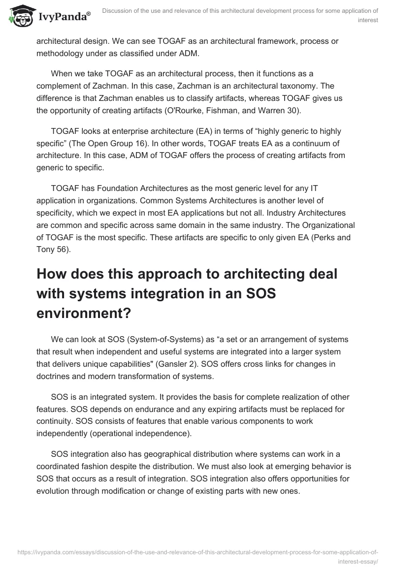 Discussion of the use and relevance of this architectural development process for some application of interest. Page 2