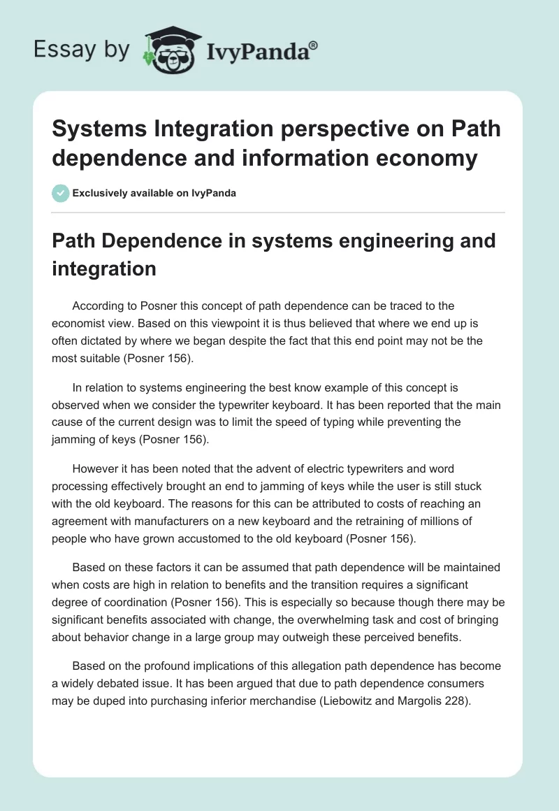 Systems Integration perspective on Path dependence and information economy. Page 1