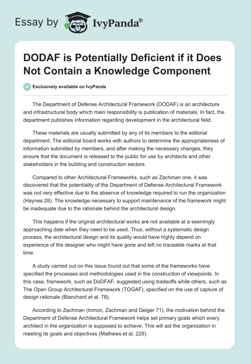DODAF is Potentially Deficient if it Does Not Contain a Knowledge Component. Page 1