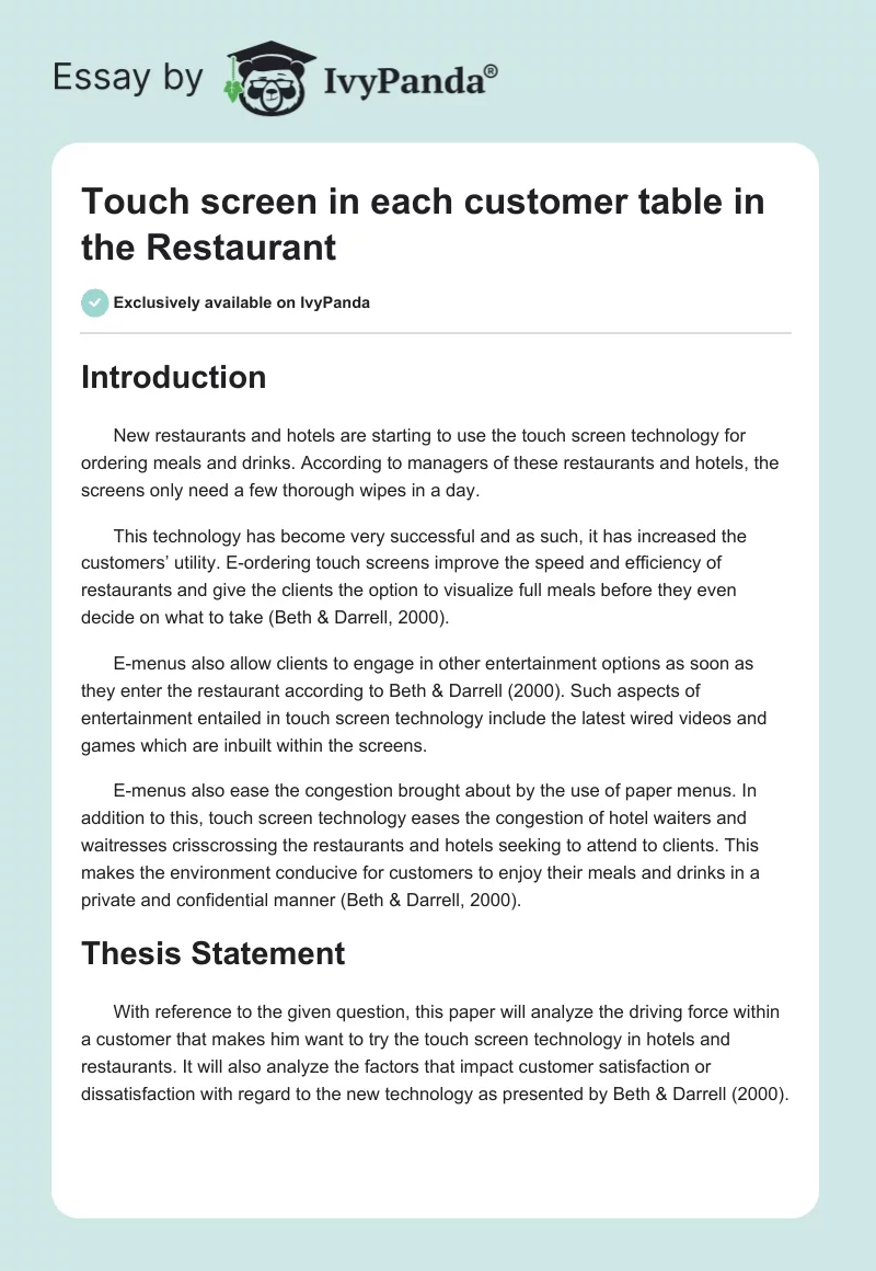 Touch screen in each customer table in the Restaurant. Page 1