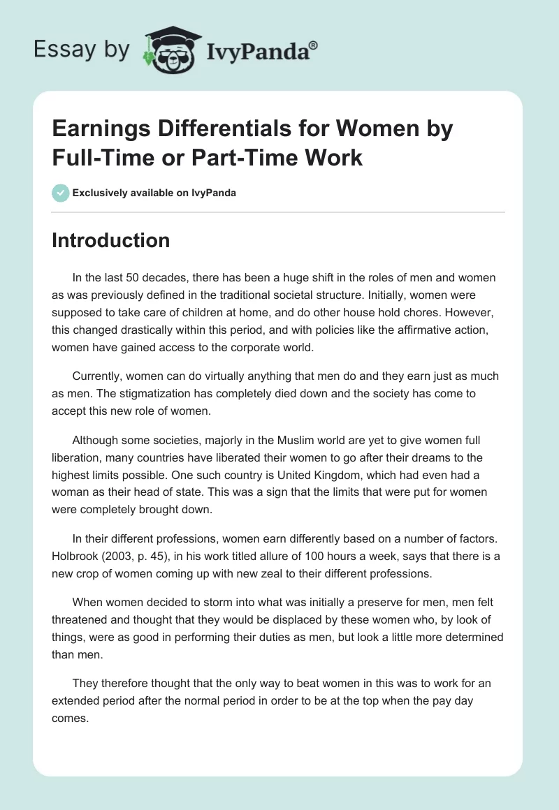 Earnings Differentials for Women by Full-Time or Part-Time Work. Page 1