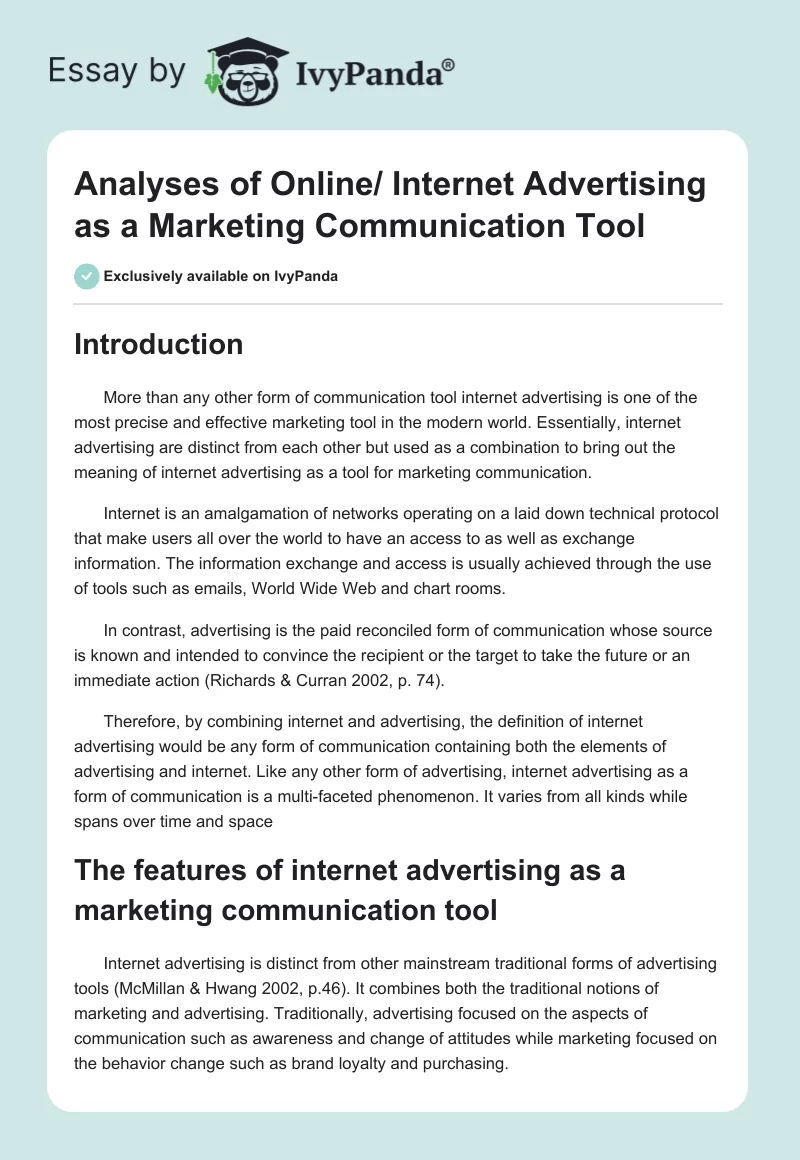 Analyses of Online/ Internet Advertising as a Marketing Communication Tool. Page 1