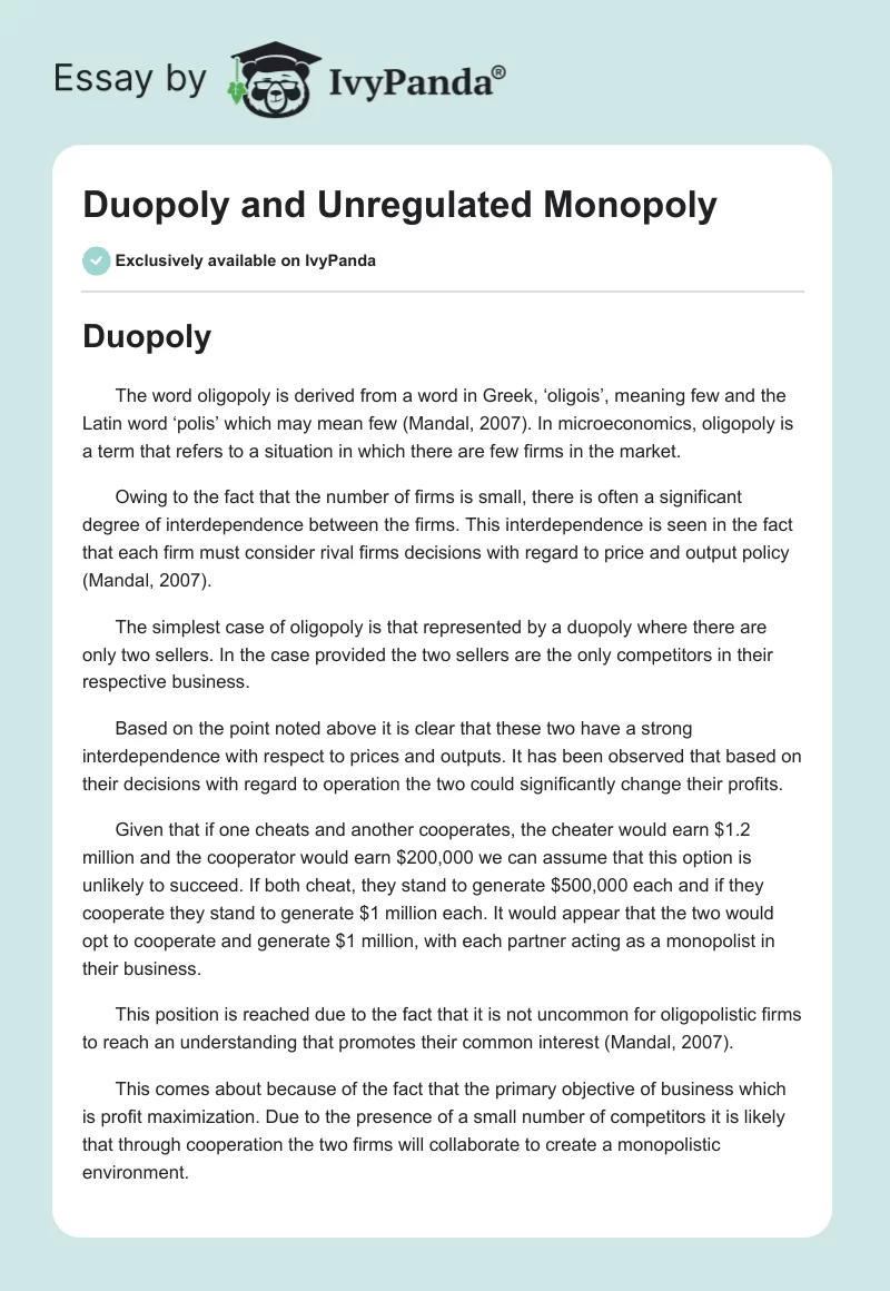 Duopoly and Unregulated Monopoly. Page 1