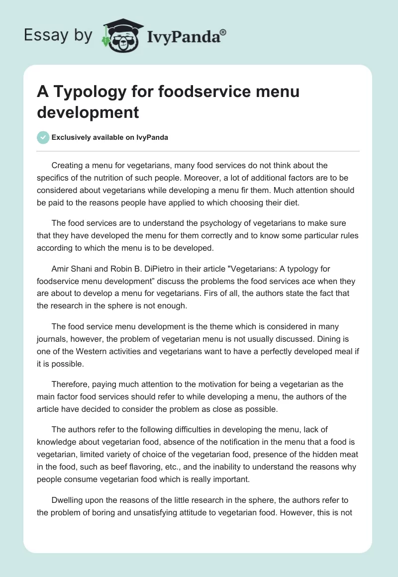 A Typology for foodservice menu development. Page 1