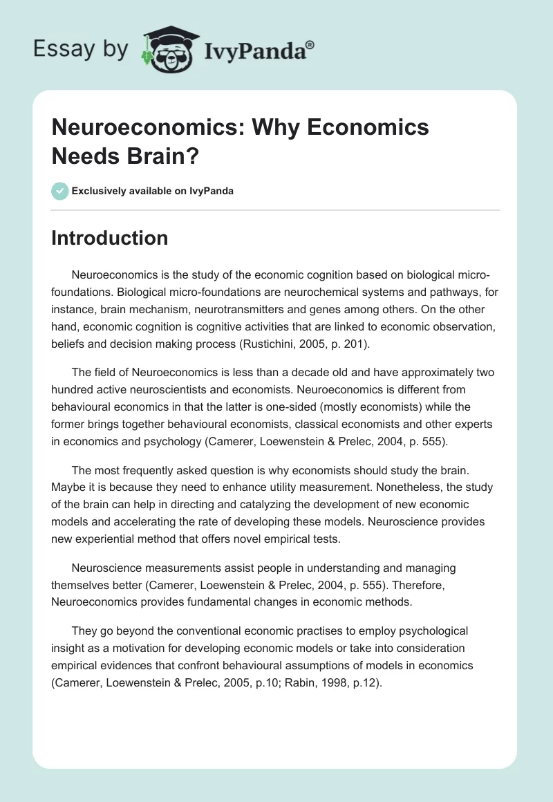 Neuroeconomics: Why Economics Needs Brain?. Page 1