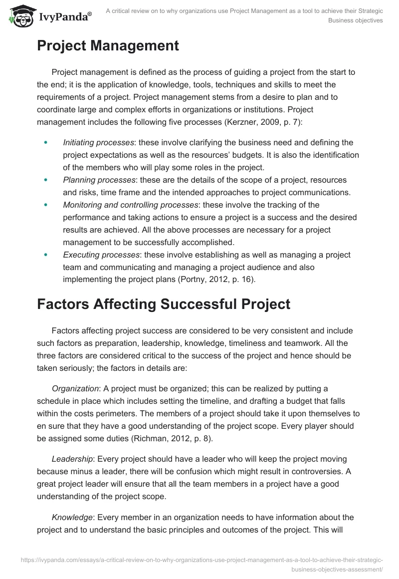 A critical review on to why organizations use Project Management as a tool to achieve their Strategic Business objectives. Page 2