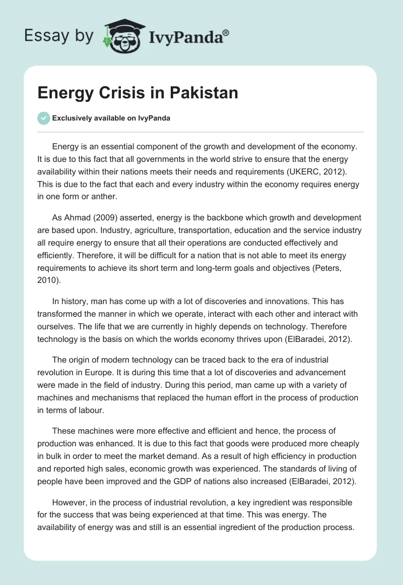 Energy Crisis in Pakistan. Page 1