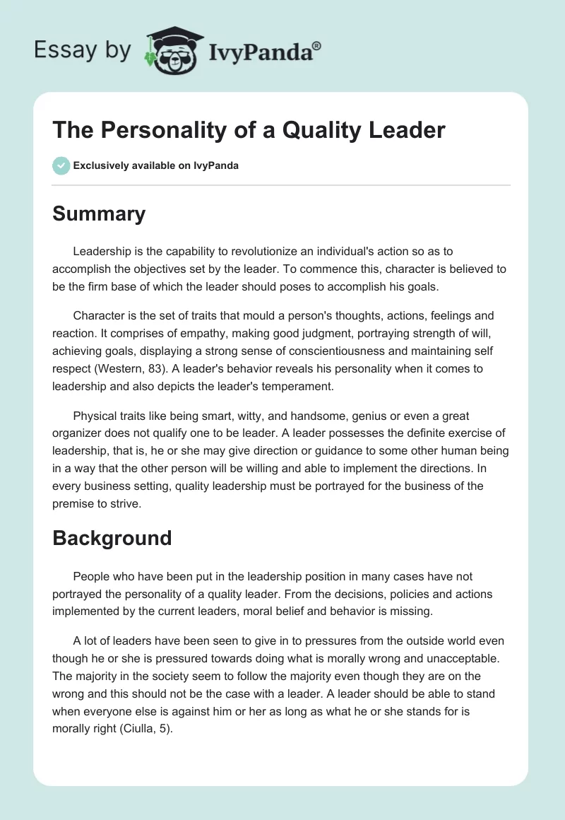 The Personality of a Quality Leader. Page 1