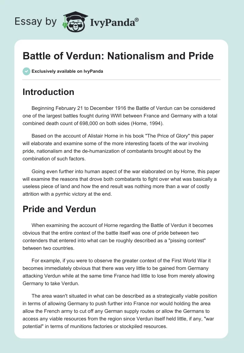 Battle of Verdun: Nationalism and Pride. Page 1