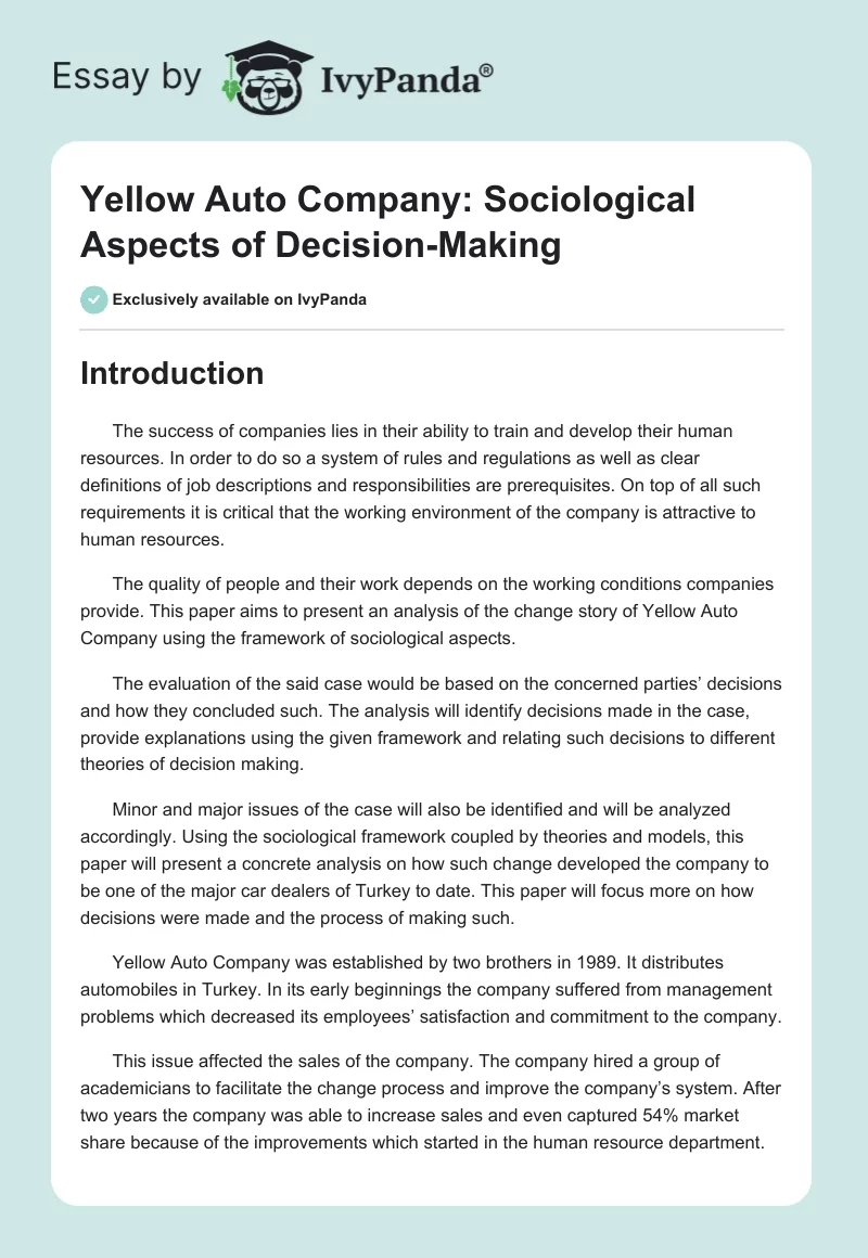 Yellow Auto Company: Sociological Aspects of Decision-Making. Page 1