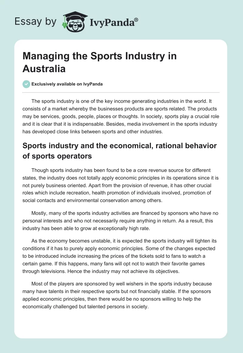 Managing the Sports Industry in Australia. Page 1