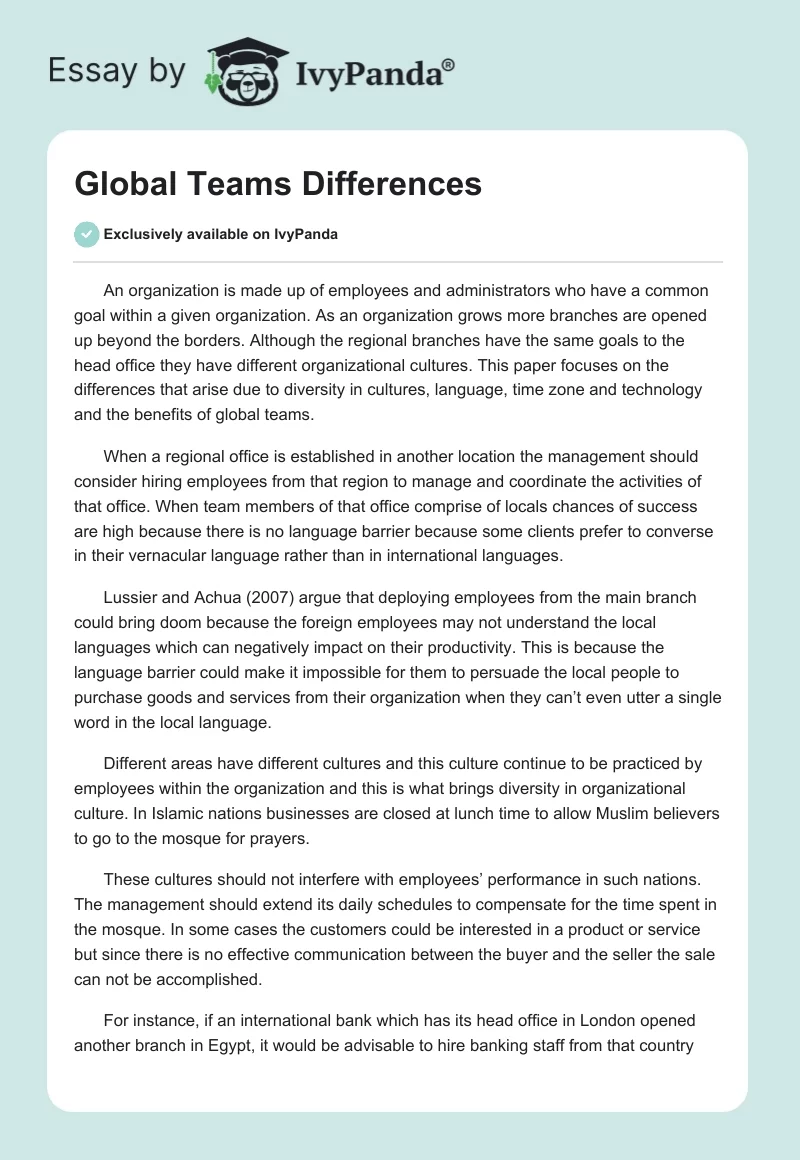 Global Teams Differences. Page 1