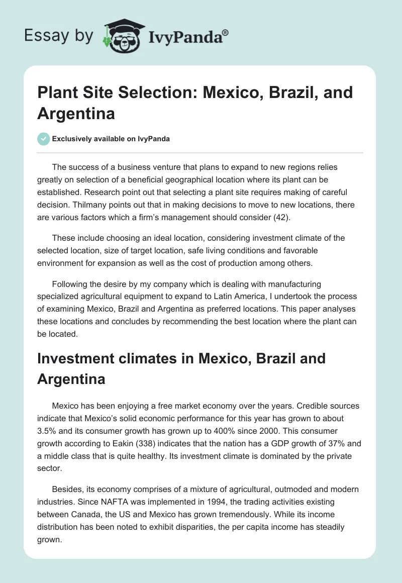 Plant Site Selection: Mexico, Brazil, and Argentina. Page 1
