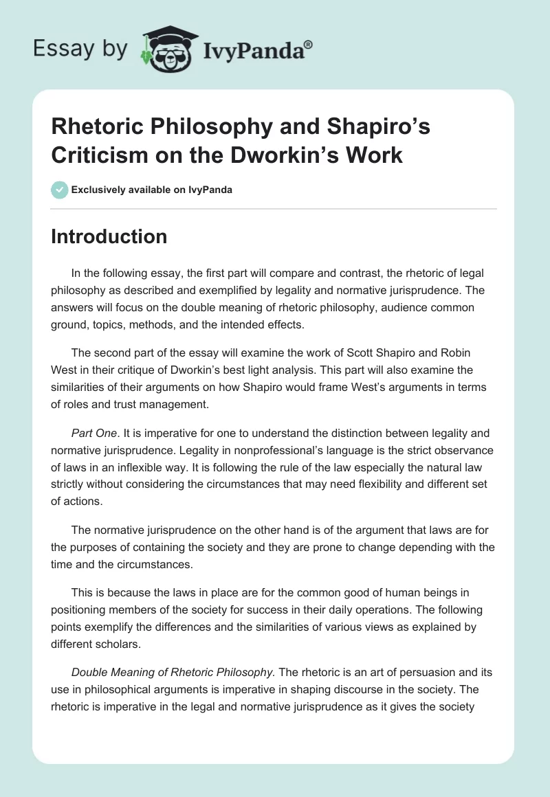 Rhetoric Philosophy and Shapiro’s Criticism on the Dworkin’s Work. Page 1
