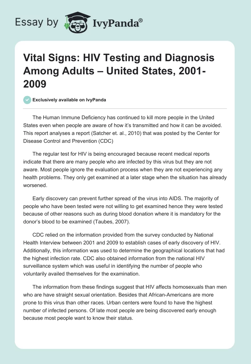 Vital Signs: HIV Testing and Diagnosis Among Adults – United States, 2001-2009. Page 1