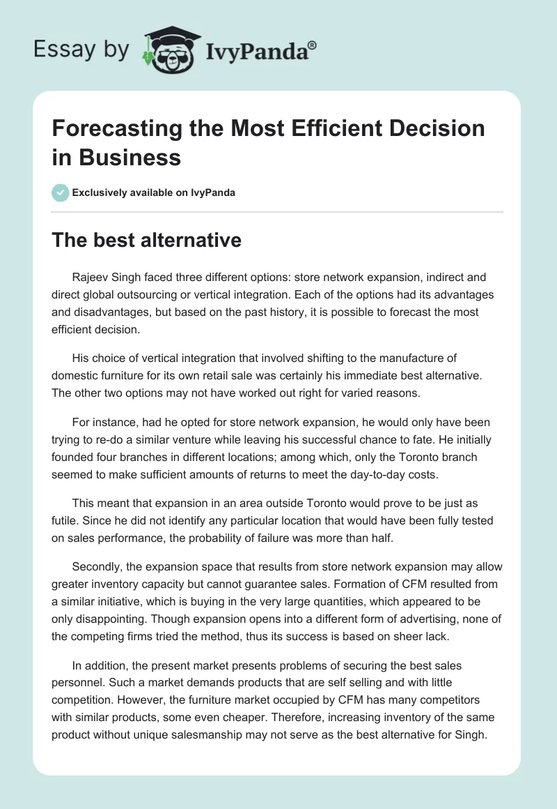 Forecasting the Most Efficient Decision in Business. Page 1