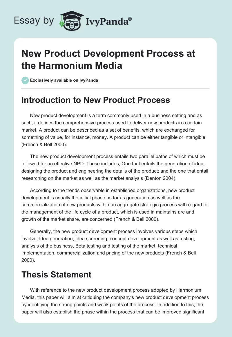 New Product Development Process at the Harmonium Media. Page 1