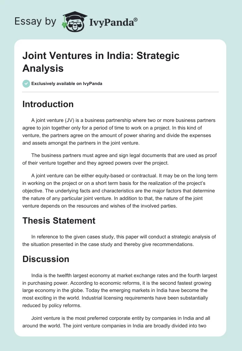 Joint Ventures in India: Strategic Analysis. Page 1