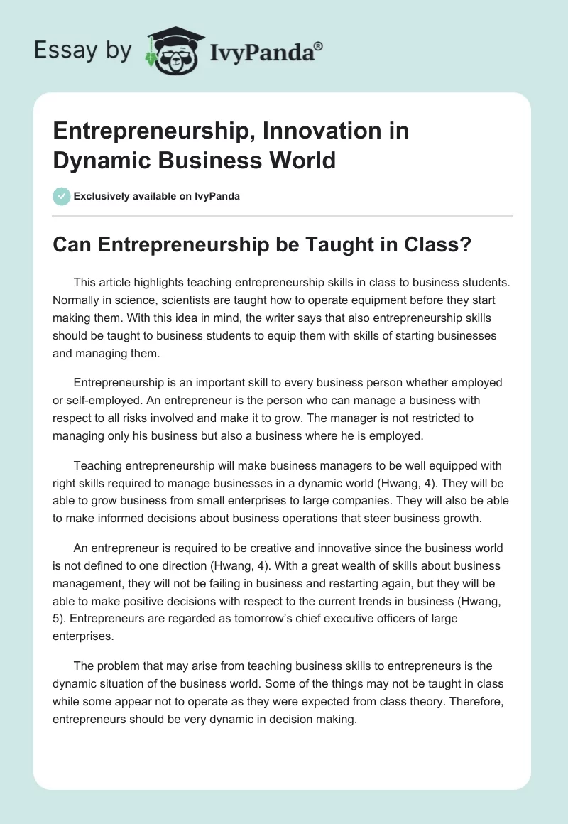 Entrepreneurship, Innovation in Dynamic Business World. Page 1