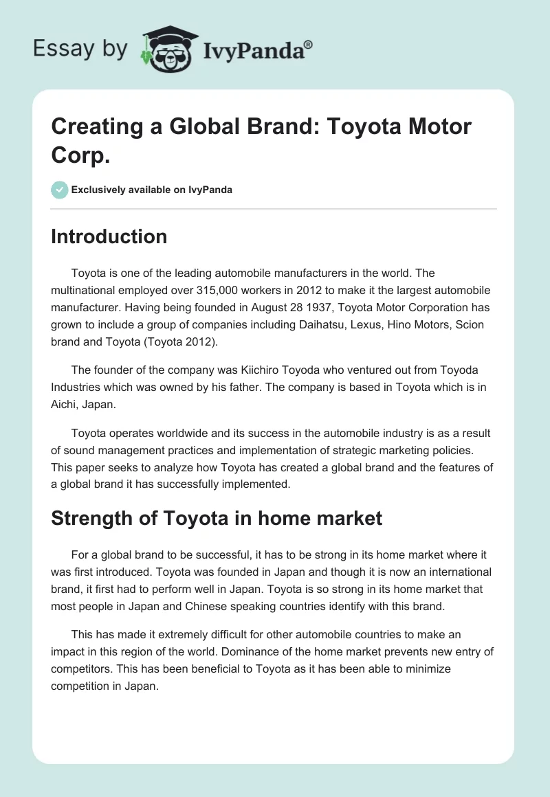 Creating a Global Brand: Toyota Motor Corp.. Page 1
