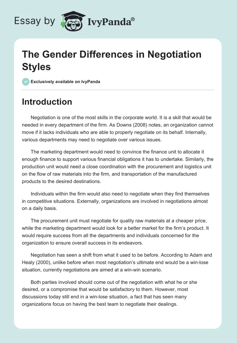 The Gender Differences in Negotiation Styles. Page 1