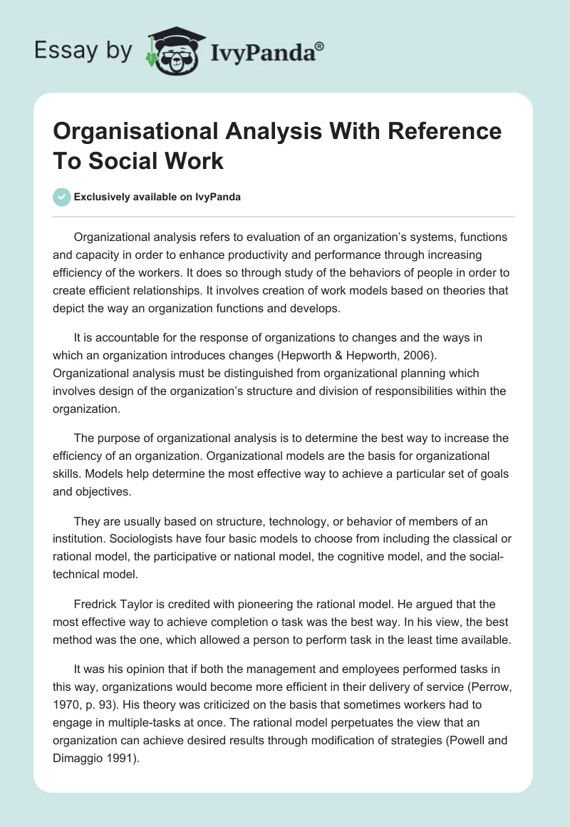 Organisational Analysis With Reference To Social Work. Page 1