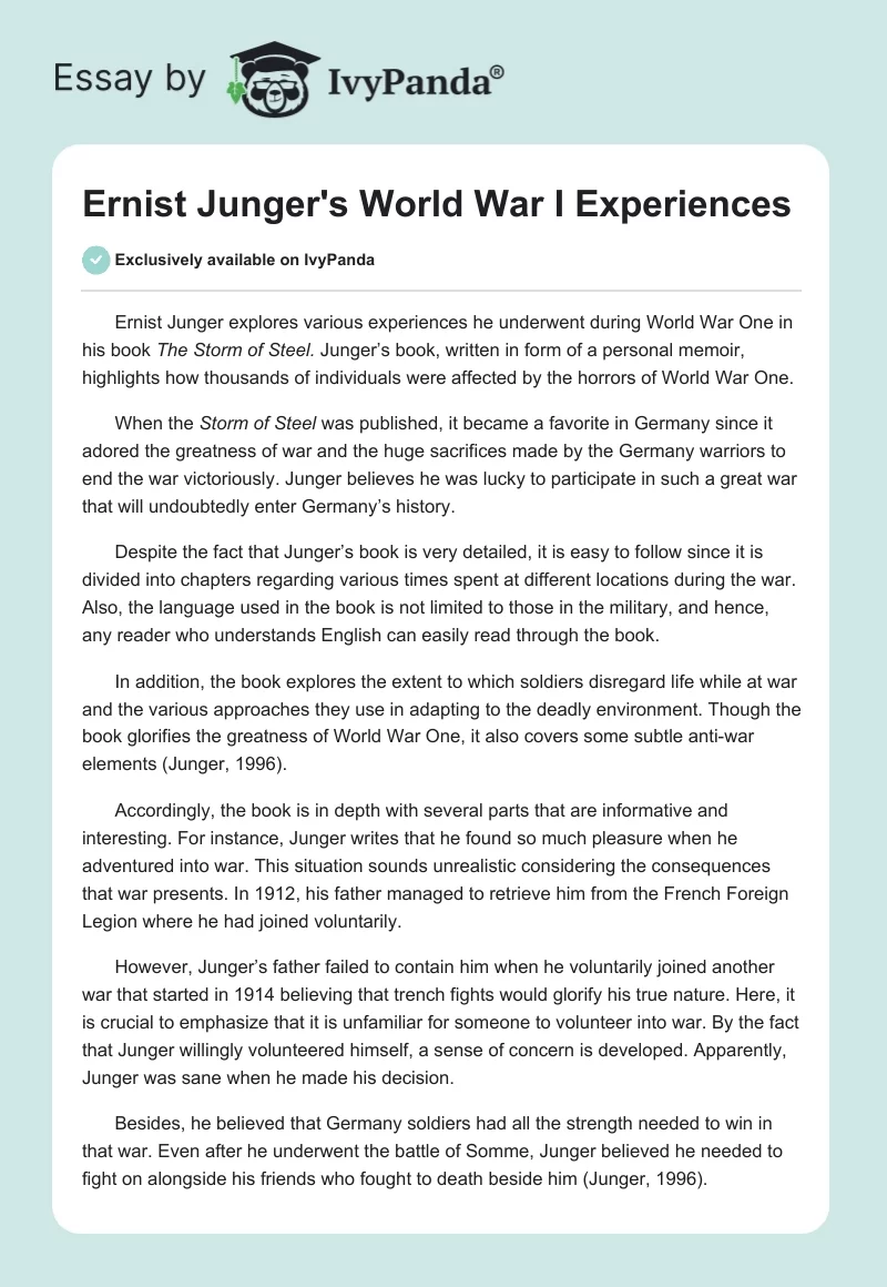 Ernist Junger's World War I Experiences. Page 1