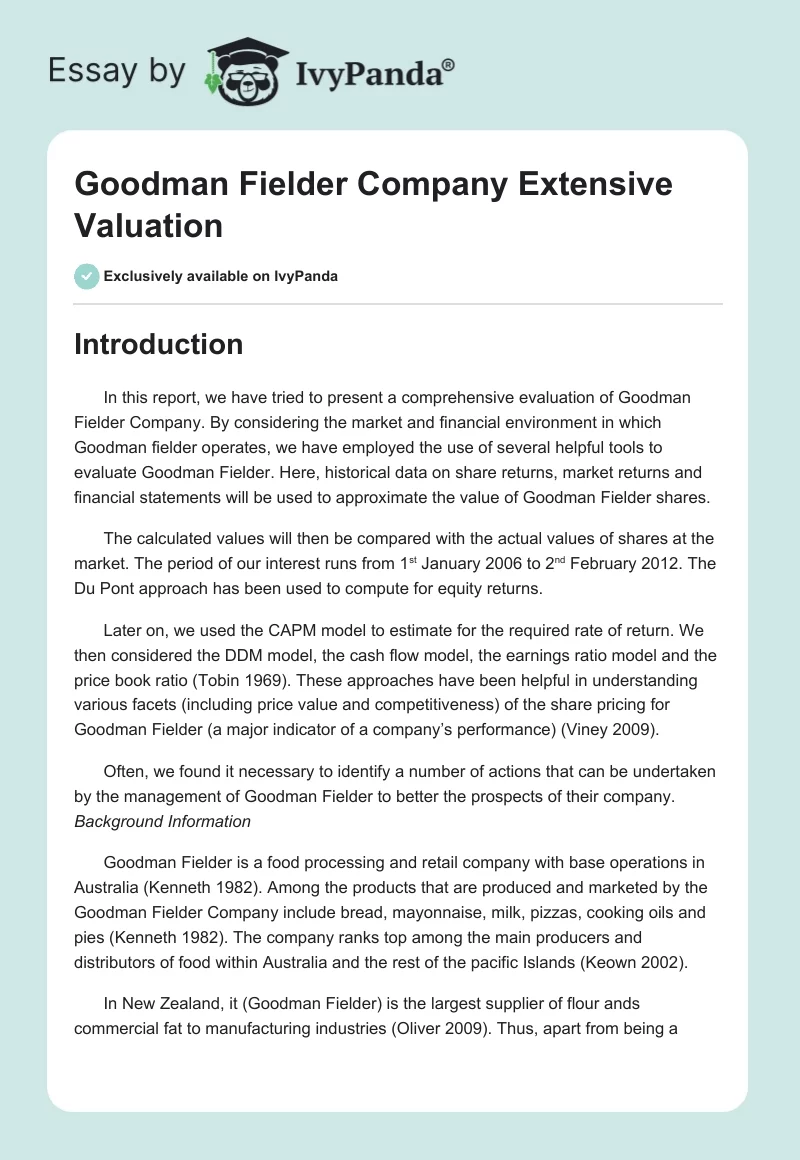 Goodman Fielder Company Extensive Valuation. Page 1