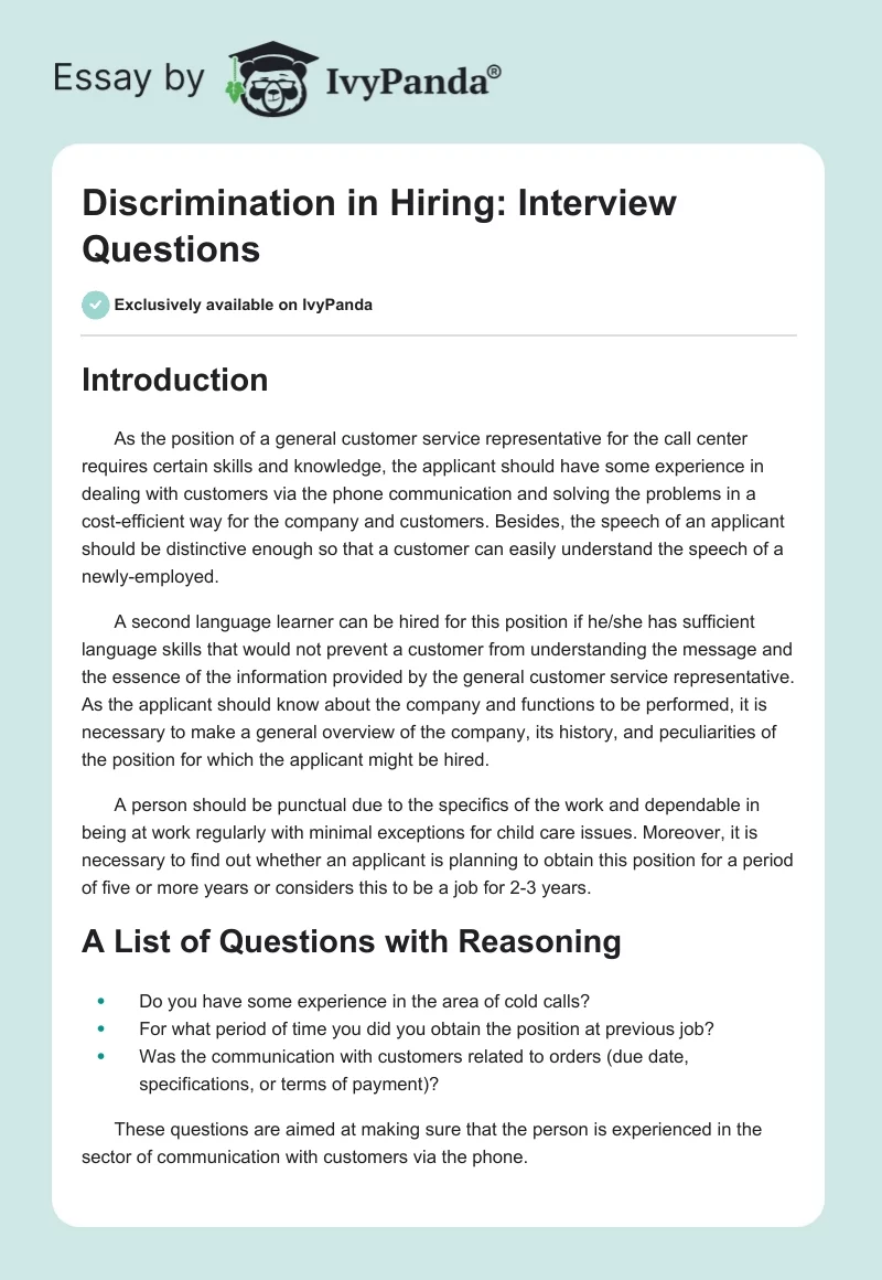Discrimination in Hiring: Interview Questions. Page 1