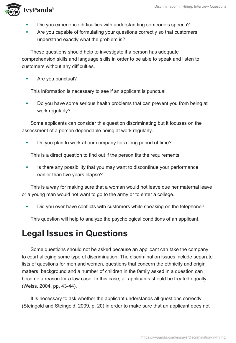 Discrimination in Hiring: Interview Questions. Page 2