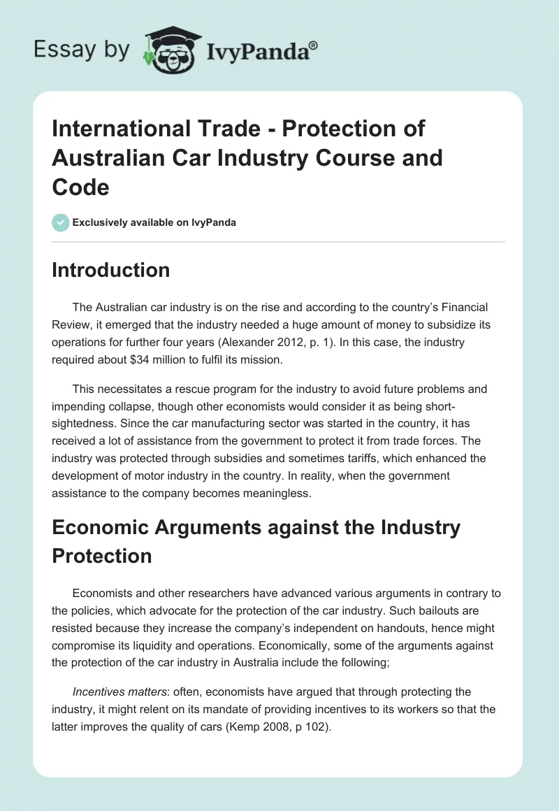 International Trade - Protection of Australian Car Industry Course and Code. Page 1