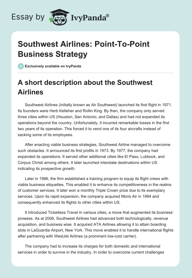 Southwest Airlines: Point-To-Point Business Strategy. Page 1