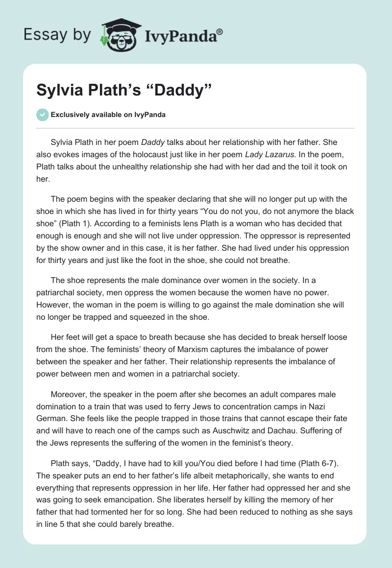 Sylvia Plath S Daddy Words Essay Example
