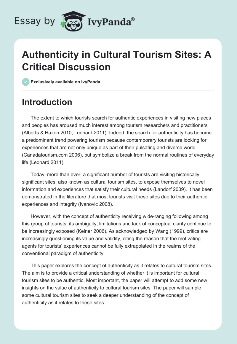 Authenticity in Cultural Tourism Sites: A Critical Discussion. Page 1