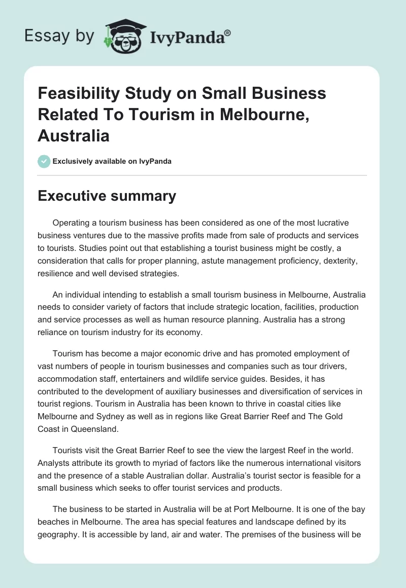 Feasibility Study on Small Business Related To Tourism in Melbourne, Australia. Page 1