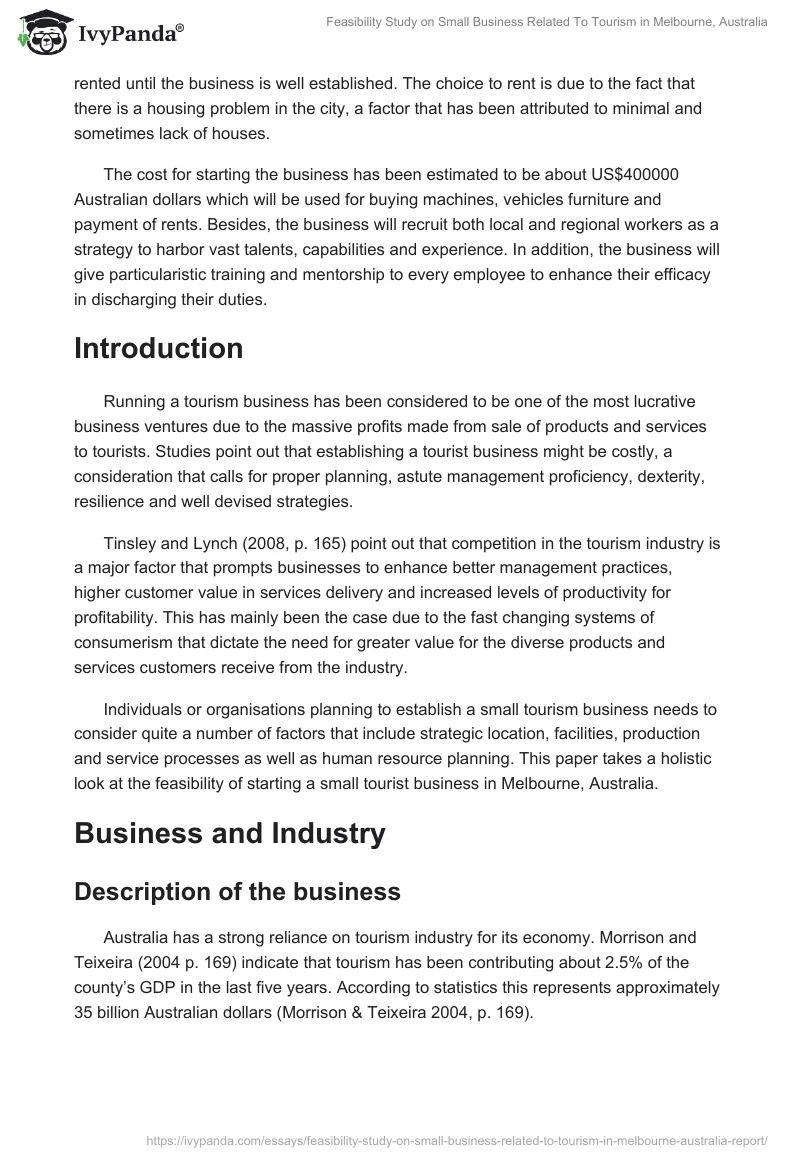 Feasibility Study on Small Business Related To Tourism in Melbourne, Australia. Page 2