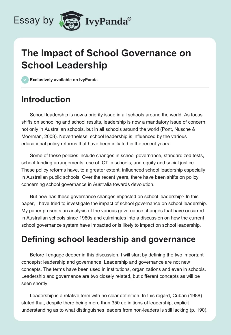 The Impact of School Governance on School Leadership. Page 1