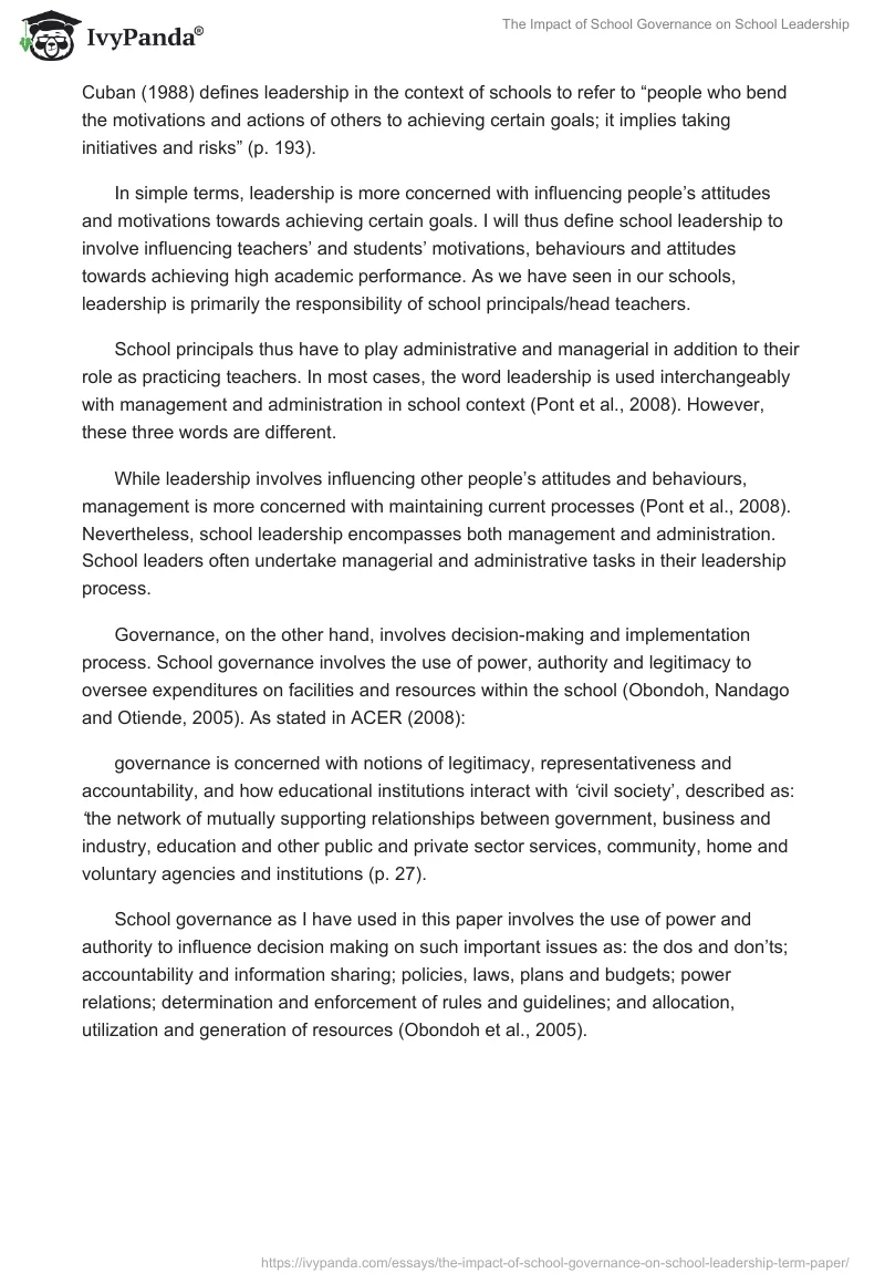 The Impact of School Governance on School Leadership. Page 2