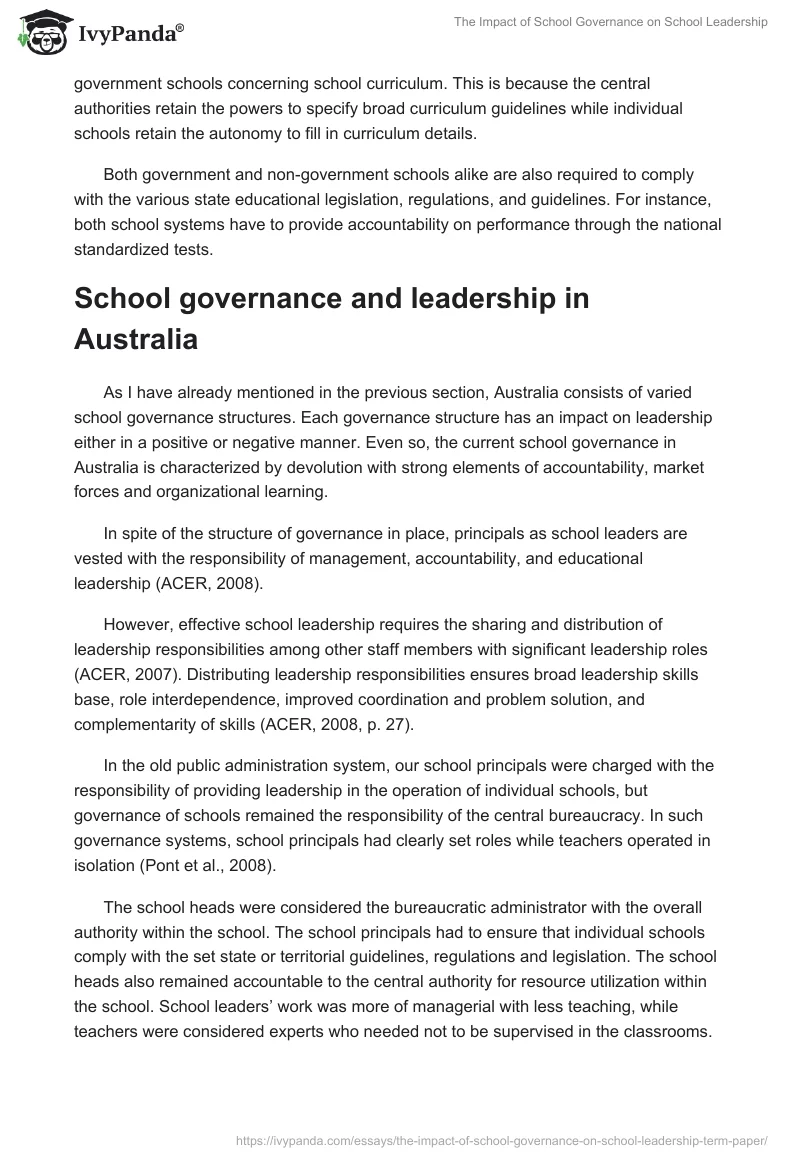 The Impact of School Governance on School Leadership. Page 5