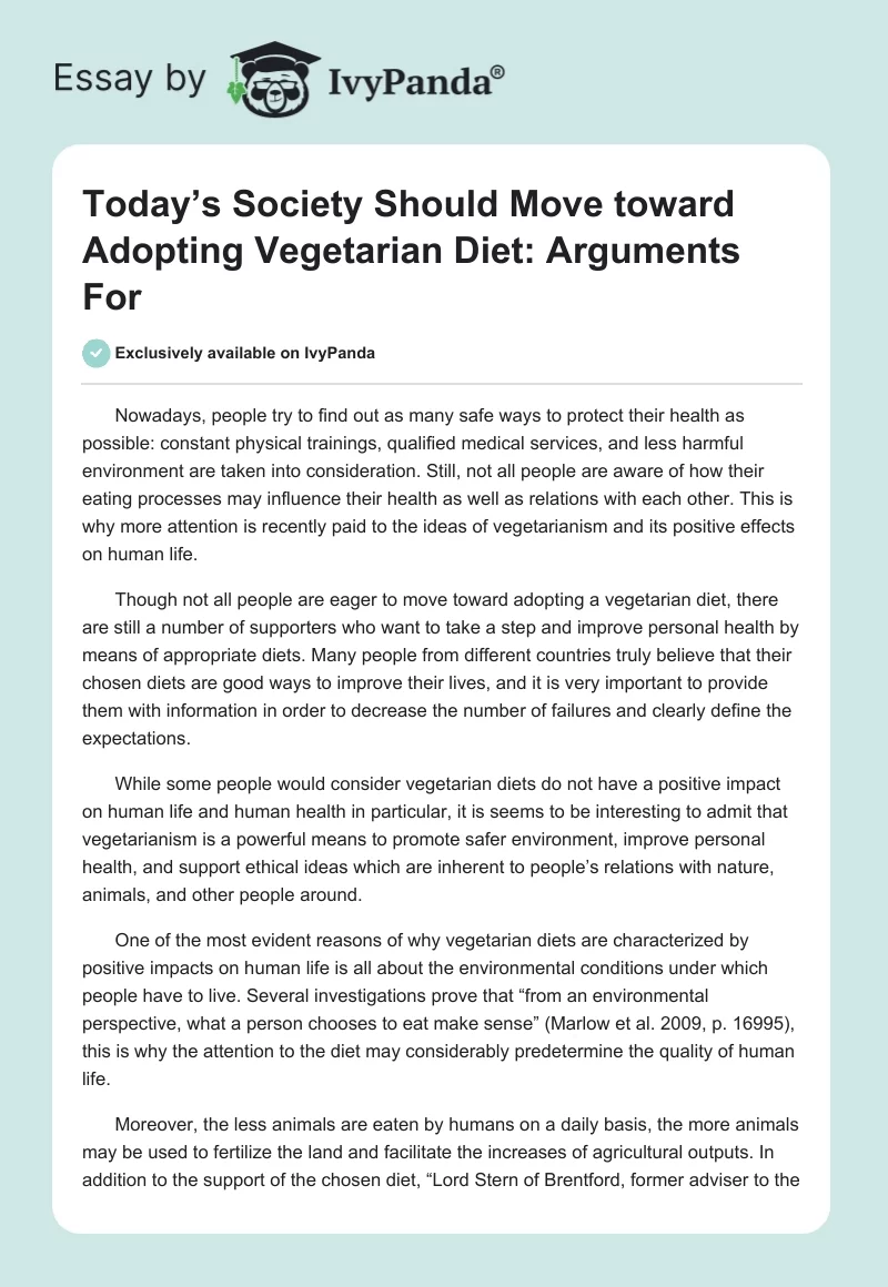 Today’s Society Should Move toward Adopting Vegetarian Diet: Arguments For. Page 1