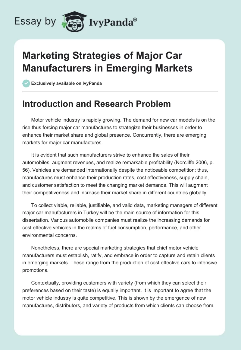 Marketing Strategies of Major Car Manufacturers in Emerging Markets. Page 1