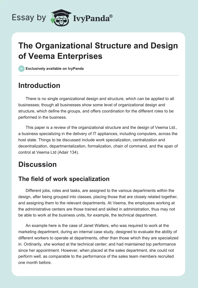 The Organizational Structure and Design of Veema Enterprises. Page 1