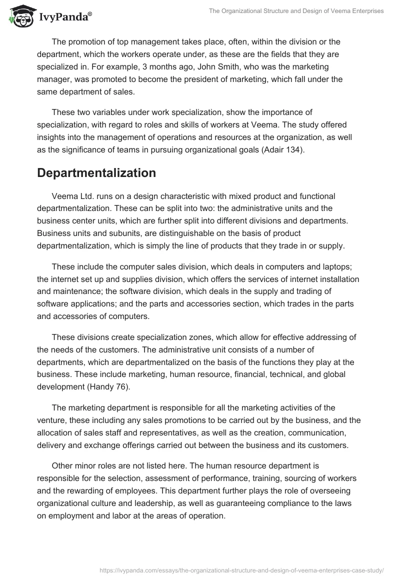 The Organizational Structure and Design of Veema Enterprises. Page 2