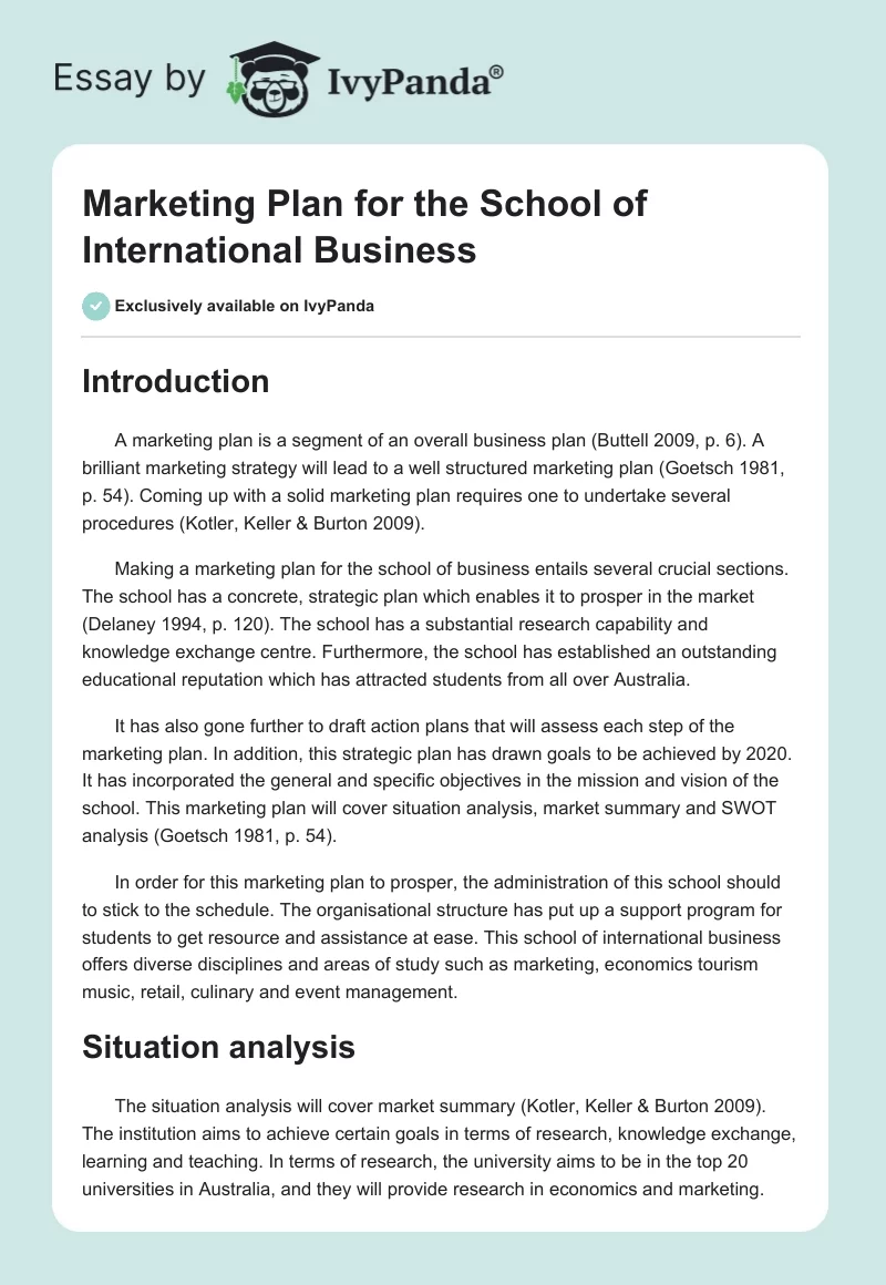 Marketing Plan for the School of International Business. Page 1