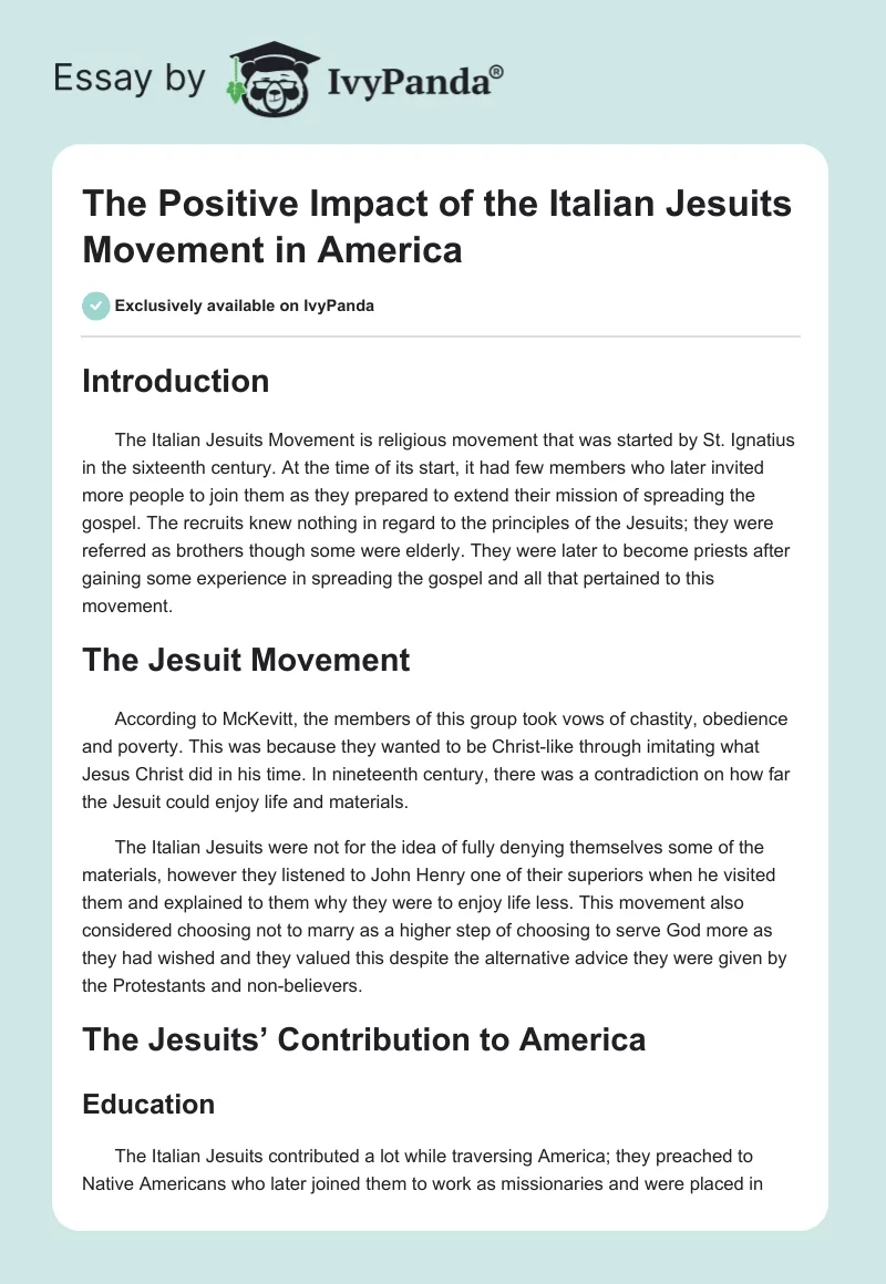 The Positive Impact of the Italian Jesuits Movement in America. Page 1