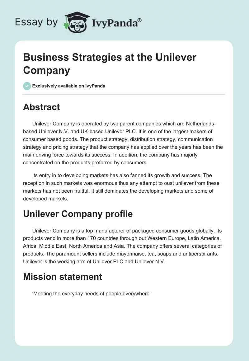 Business Strategies at the Unilever Company. Page 1