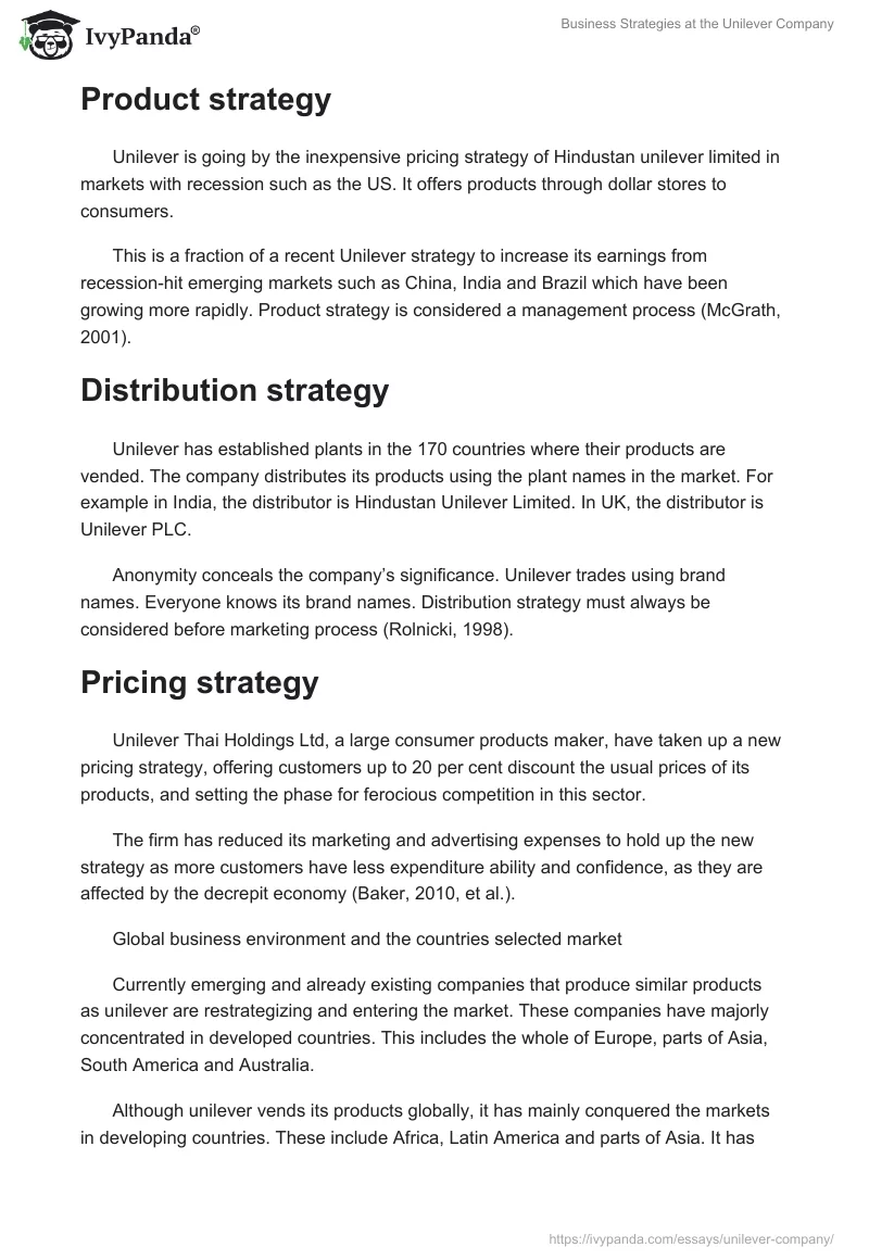 Business Strategies at the Unilever Company. Page 2