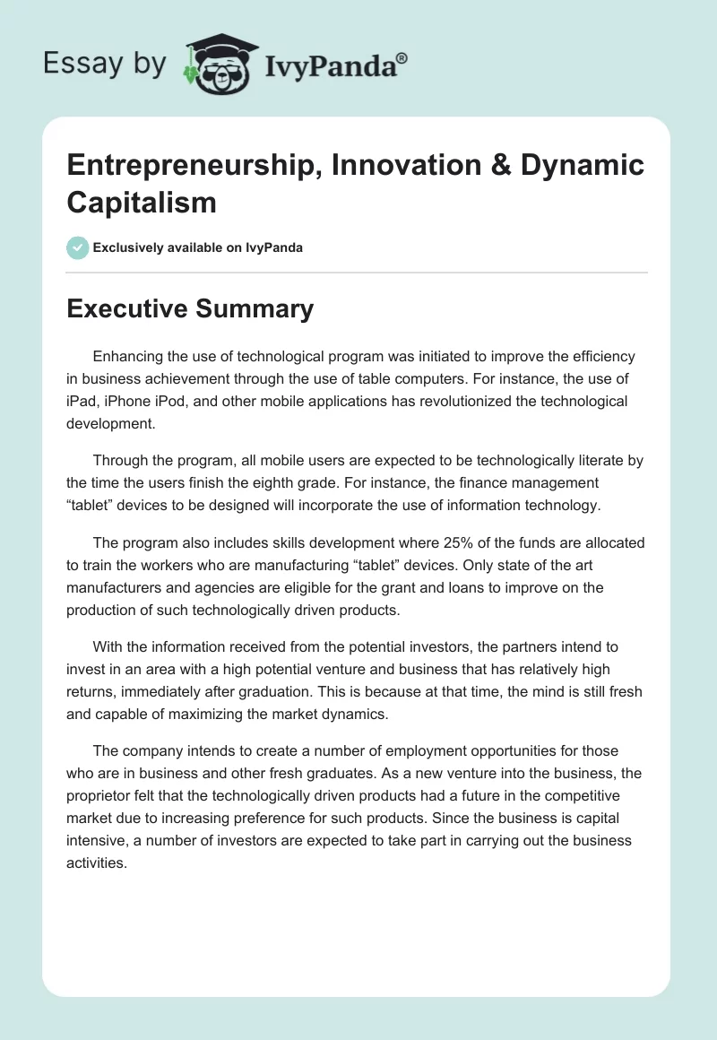 Entrepreneurship, Innovation & Dynamic Capitalism. Page 1